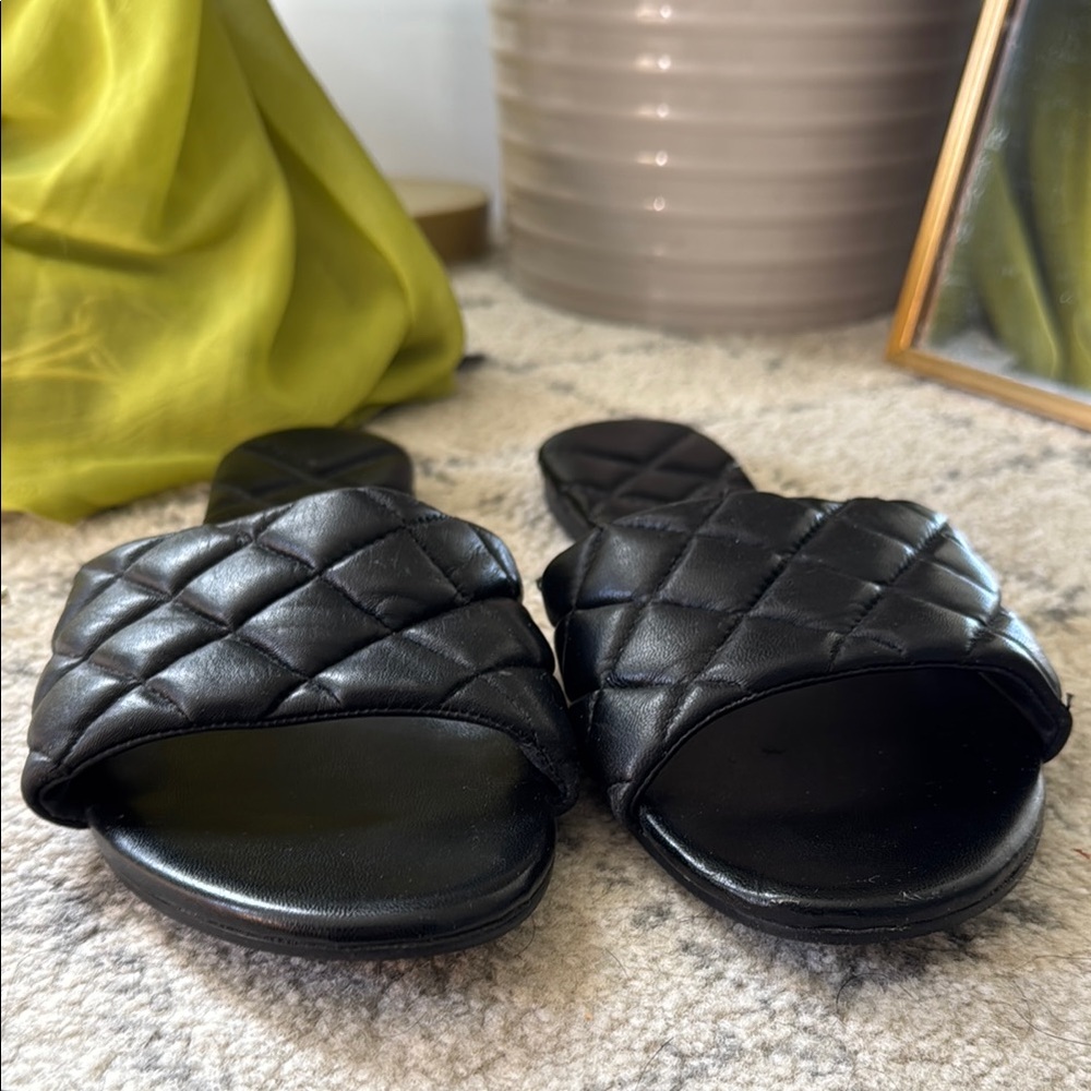 Black Quilted Slide Sandals